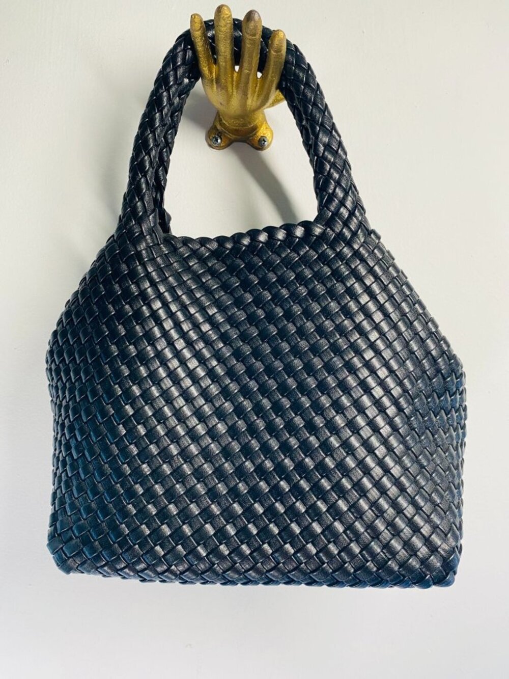 Woven Black Handbag With Cherry Strap Spacious Interior & Durable Design Perfect